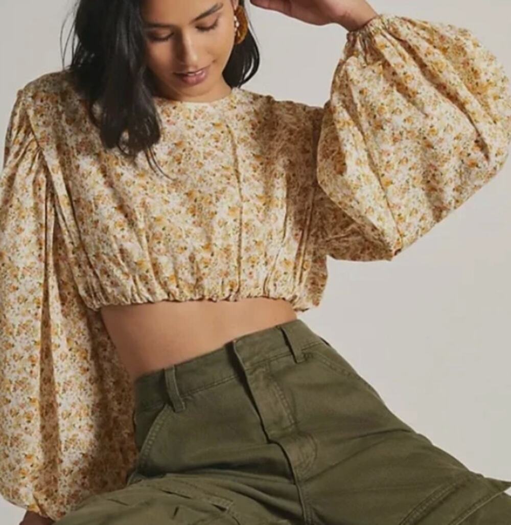Significant Other Asta Yellow Floral Puff Sleeve Cropped Cotton Blouse NWT-Sz10